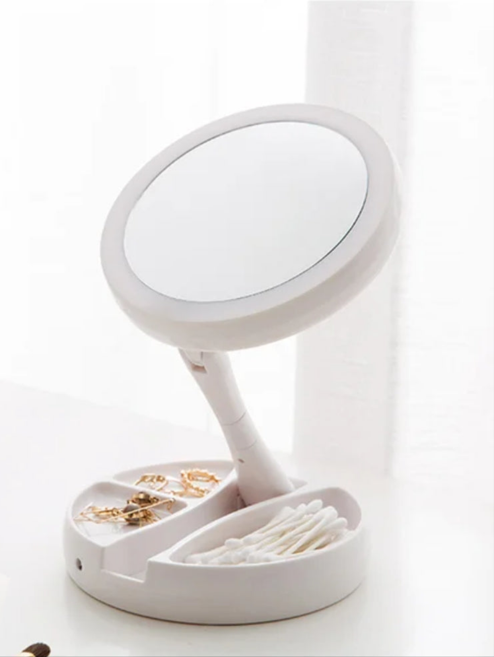 Espejo de maquillaje plegable de doble cara con luz LED